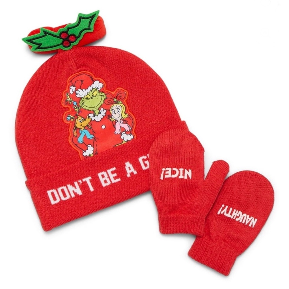NEW Dr. Suess The Grinch Toddler Red Beanie Hat and Gloves Set One Size